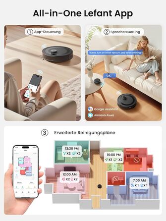 Робот-пилосос LEFANT M2 Plus з картографією, лазерною навігацією, 6000Pa, WiFi/App/Alexa, чорний