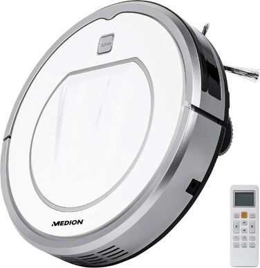 Робот-пилосос MEDION MD 19100 з базою та пультом дистанційного керування. Оптимізований для власників тварин та алергіків, ультратонкий, для твердих підлог та килимів, з функцією розпізнавання перешкод та сходинок