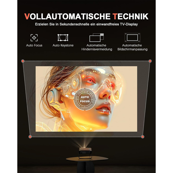 Портативний проєктор Mini Beamer 1080P Full HD 23000L з автофокусом, корекцією трапеції, WiFi6, Bluetooth та 4K підтримкою. Ідеальний для домашнього кінотеатру та підключення до телефону. 360° обертання, без додаткових додатків.