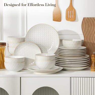 Набір посуду Malacasa LYDIA (24 шт.) для 4 осіб, бежевий: 16-ти частинний сервіз зі столових тарілок та чашок з рельєфом, з каменю