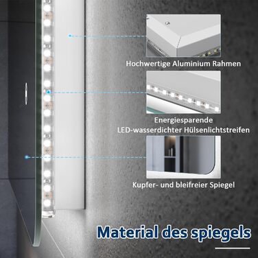 LED дзеркало для ванної кімнати з підсвічуванням 50x80 см, 3 колірні температури, IP44, тип F