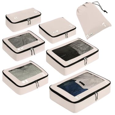 Набір органайзерів для подорожей ECOHUB для валізи, 7 шт, сумки для одягу та взуття з переробленого PET, екологічні пакувальні куби, бежевий