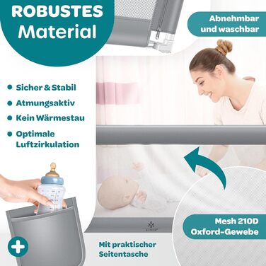 Захисний бортик для ліжка KESSER 200 см, сірий. Бортик для дитячого ліжка, захист від випадання, складаний та регульований по висоті, сітка Mesh, з кишенею