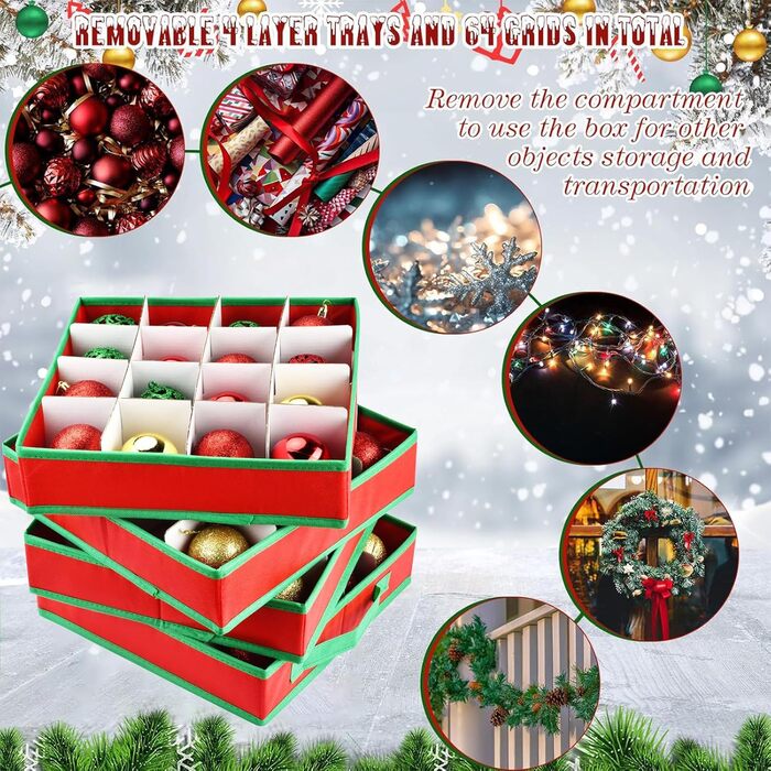 Коробка для зберігання новорічних прикрас VITEVER з регульованими перегородками, 64 кишеньки, 32x32,5x33 см