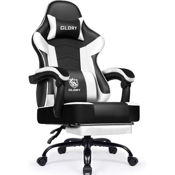 Ігровий крісло, ергономічний офісний стілець з телескопічною підніжкою, підголівник та підтримка попереку, регульований та поворотний, 150 кг, білий