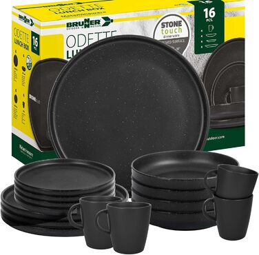 Набір посуду BRUNNER Melamin 16 предметів: тарілки та чашки для кемпінгу (2-4 особи) + ланч-бокс ODETTE, стекований, стійкий до подряпин