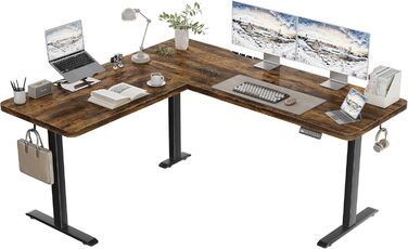 Регульований кутовий стіл 160x140 см з полицею, електропривод, коричневий