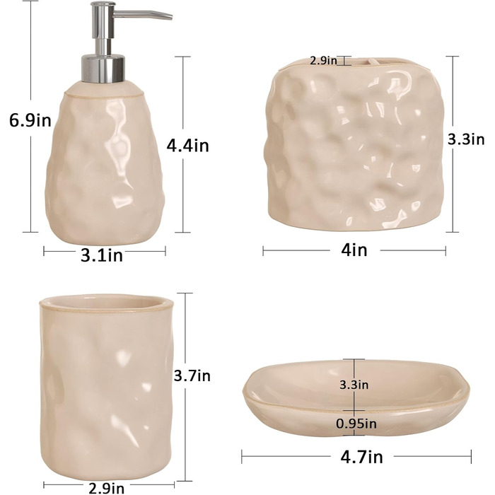 Набір аксесуарів для ванної кімнати Karisky керамічний дозатор для мила, тримач для зубних щіток, кружка, мильниця, бежева, 4 шт.