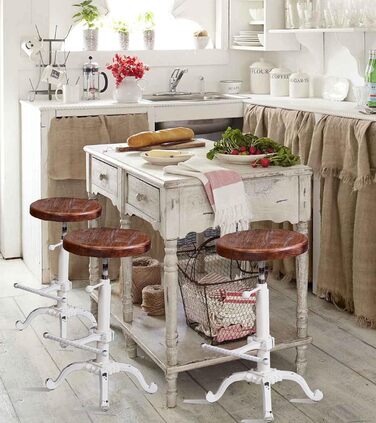 Табурет-стілець у стилі ретро/вінтаж від Topower: дерев'яний, поворотний, регульована висота, для кухні (античний білий)