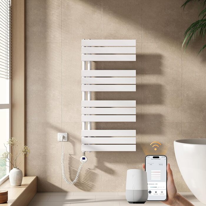 Електричний рушникосушар EMKE з термостатом, 1320x500 мм, білий, 800W (модель з Wi-Fi)