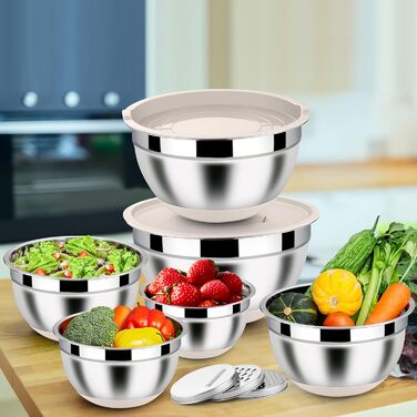 Набір місок Homikit з нержавіючої сталі, 6 шт. з тертками, кришками та силіконовим дном, 4.6/2.8/2.5/1.6/1.2/0.7 л, зелений