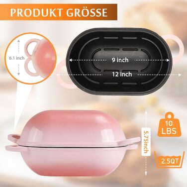 Форма для випікання хліба з кришкою Gusseisen, 23 см, емальована чавунна форма, 2.75 л, підходить для духовки (переливи синьо-зеленого та рожевого кольорів)