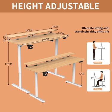 Електричний стіл SOSINYA з регулюванням висоти, 140 x 60 см, дерево клена, для домашнього офісу