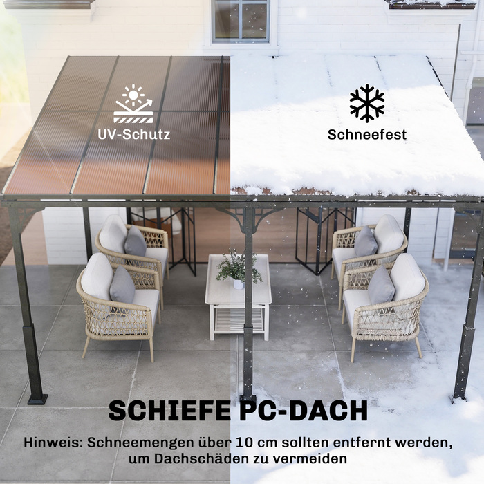 Альтанка для вирощування рослин 4 x 3 м, навіс для тераси з похилим дахом з полікарбонату та металоалюмінієвим каркасом, для кріплення до стіни