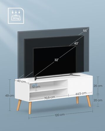 Тумба під телевізор VASAGLE LTV120T46, 120 см, для телевізорів до 55 дюймів, білий колір, тумба під ТВ, промисловий дизайн