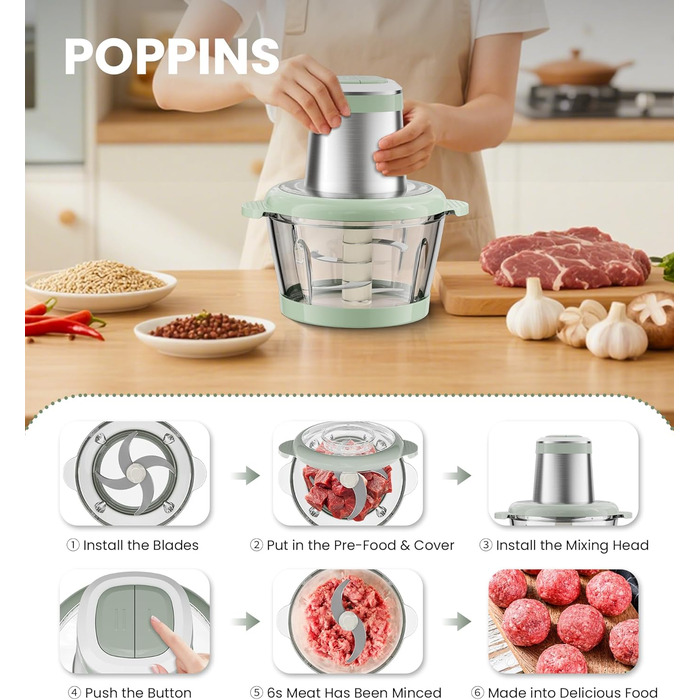 Електричний подрібнювач для кухні ESoundvol 400W з чашею 2л та 4 лезами з нержавіючої сталі - для м'яса, овочів, горіхів, дитячого харчування