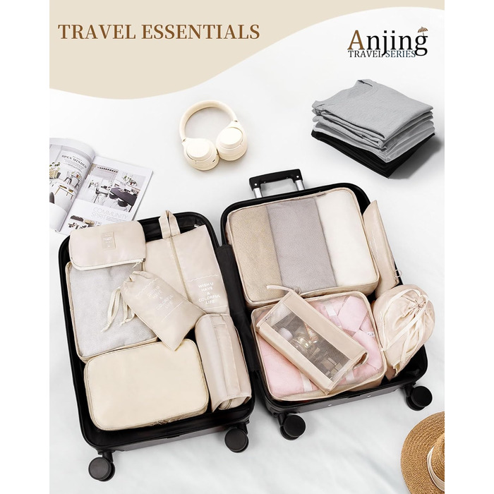 Набір органайзерів для подорожей Anjing (11 предметів), водонепроникні пакувальні куби для валізи, навігаційні органайзери для одягу, темно-синій/бежевий