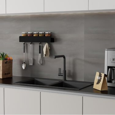 Поличка для душу REKITA без свердління, органайзер для ванної кімнати 40 см, поличка з нержавіючої сталі з 4 знімними гачками, тримач для шампуню для душу, навісна поличка, чорний колір