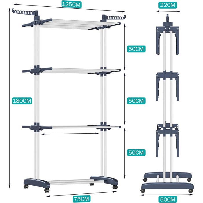 Розсувна сушильна стійка Tower, металева, складна, 180 см, темно-синій