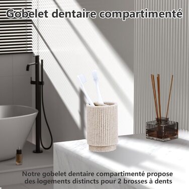 Набір для ванної кімнати 6-частинний: дозатор для мила, стакан для зубної пасти з підносом та коробочка для ватних паличок – смугастий дизайн, високоякісна смола. В комплекті: бежевий 4-частинний набір