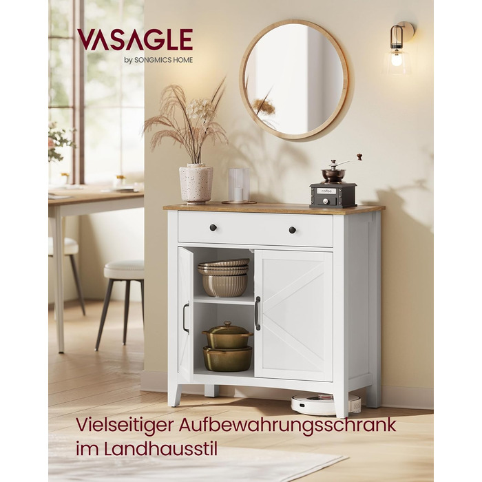 Шафа VASAGLE для кухні, комод, шафа для зберігання з ящиками та дверцятами, регульована полиця, стиль кантрі, для вітальні, кухні, їдальні, 40 x 140 x 80 см, вінтажний білий + медовий колір, BBK381W02