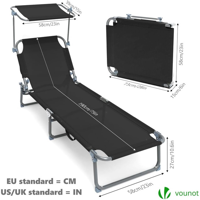 Розкішні лежаки для відпочинку Vounot (2 шт.): регульована спинка, захист від сонця, для саду, басейну, тераси (чорний)