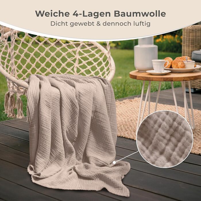 Плед LAYNENBURG Premium з мусліну, 150x200 см, 100% бавовна. Легкий літній плед, ковдра, накидка на ліжко/диван (Taupe)