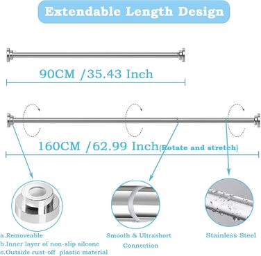 Стрижень для душу з нержавіючої сталі, , без свердління, для завіси для душу, висувний стрижень, завіса для душу для душу, ванни, вікна ванної кімнати, 70-120 см новий дизайн (чисте срібло, 90-160 см () 22 мм)