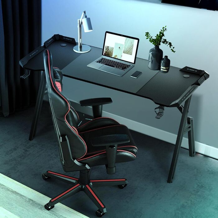 Ігровий стіл 120x60 см з підсвіткою LED, A-frame, з тримачем для напоїв та гачком для навушників, карбонове покриття, ергономічний для дому та офісу