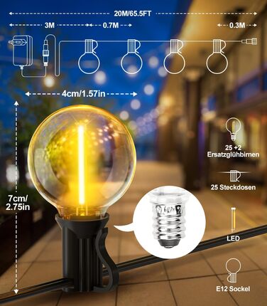 Ланцюжок прикрас LED для вулиці: 20M, 65ft, G40, для саду, балкону, павільйону, тераси, вечірки, з пульт дистанційного керування, IP44, вологостійкий, 20M