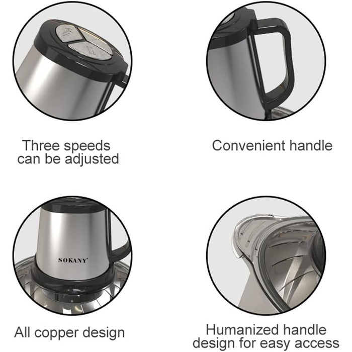 М'ясорубка-подрібнювач SOKANY SK-7015 800W електричний з чашею 3л з нержавіючої сталі, 2 швидкості, для м'яса, овочів, фруктів