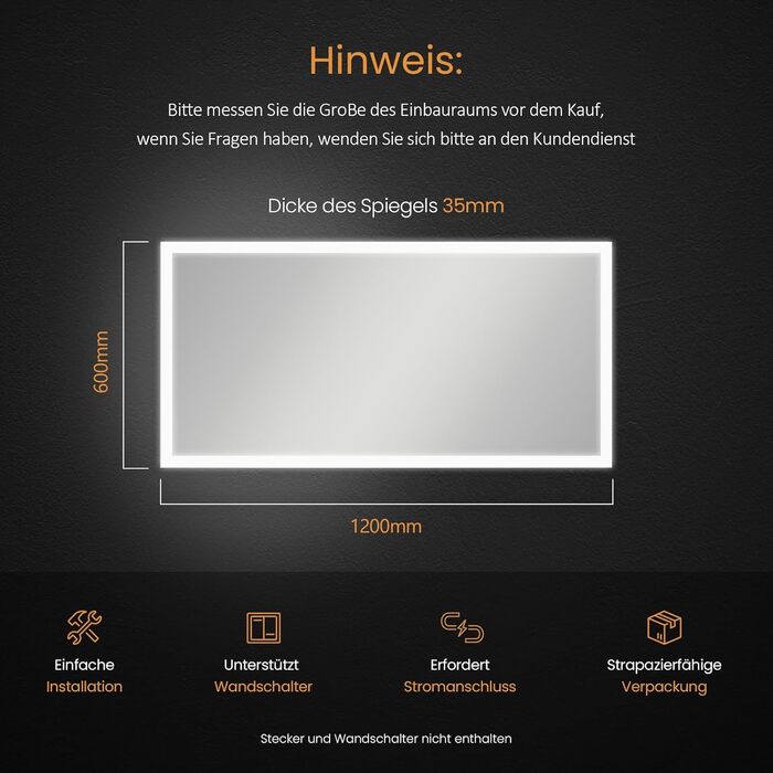 Дзеркало для ванної кімнати EMKE з підсвічуванням 120x60 см, антизапарник, кнопковий вимикач, тепле та холодне біле світло, IP44, енергозберігаюче