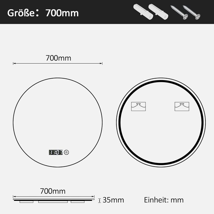 Дзеркало для ванної кімнати Boromal з підсвічуванням та годинником, 50x70 см, диммер, 3 кольори світла, 2470LM