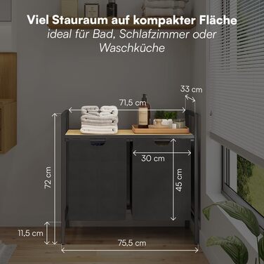 STEELSØN Rigil Кошик для білизни з 2 відділеннями – з полицею з бамбука – 2x 45 л – чорний металевий сортер для білизни – знімні мішки для білизни – контейнер для брудної білизни 2 відділення