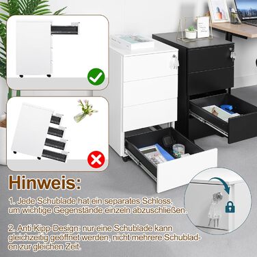 Роликовий контейнер HOMSTEEL з замком, 4 ключі, 4 шухляди, металевий шафа, готовий до збирання, для офісу, домашнього офісу, білий (44T x 37B x 69.5H cm)