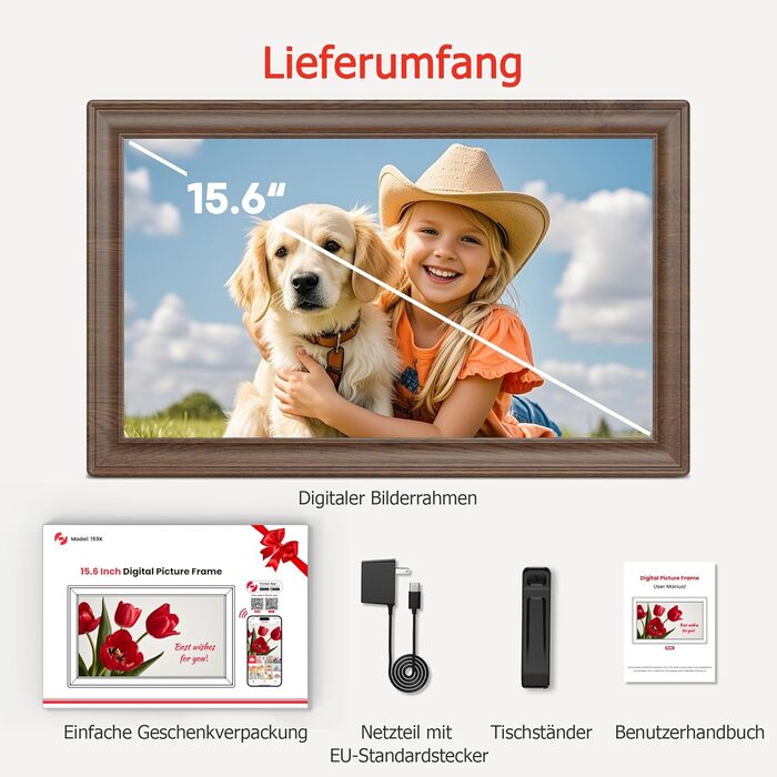 Цифровий фоторамка Frameo 10.1 дюйма з Wi-Fi, сенсорний IPS екран HD 1280*800, 32GB пам'яті, автоповорот, підтримка Frameo App для зручного обміну фото та відео, корпус з дерева (15.6 дюймів)