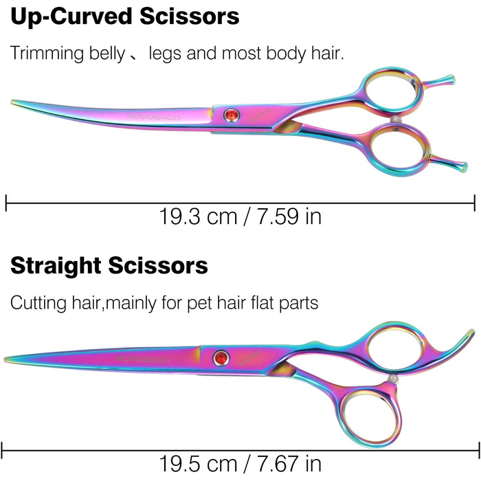Набір професійних ножиць для собак NOVOSACO 7 дюймів, прямі, вигнуті, ножиці для стрижки домашніх тварин, ножиці для стрижки кішок, стійкі до іржі (набір 01 (Різнокольоровий))