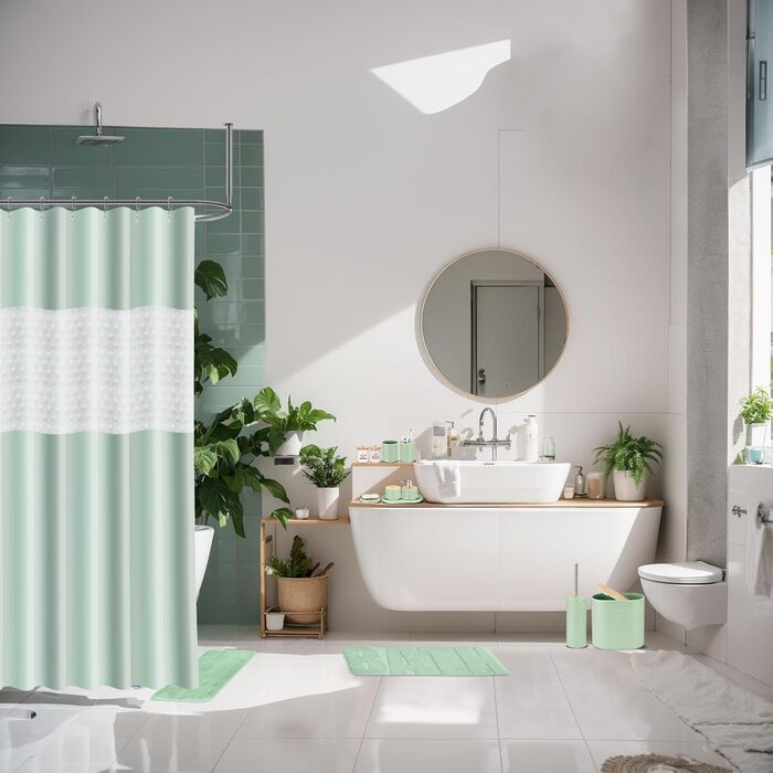 Набір аксесуарів для ванної кімнати IMAVO, 9 предметів: сміттєвий бак, дозатор мила, мильниця, тримач для зубних щіток, стакан для зубних щіток, тримач для унітазного йоржика, дозатор ватних паличок (зелений, 26 предметів + душова завіса + килимки)