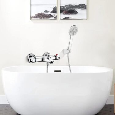 Змішувач для ванни з термостатом, накладний, хром, латунь, з кнопкою безпеки 38°C, для ванни