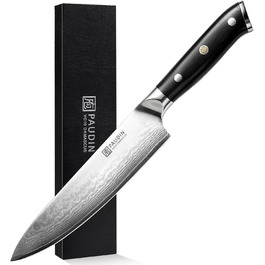 PAUDIN Profi: Ніж кухонний з лезом з нержавіючої сталі, 20 см, Дамаск, Ергономічна ручка, для професійних та аматорських кухарів, подарунок