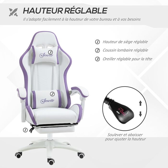 Крісло ігрове Vinsetto Ergonomic з регульованою підніжкою, спинкою 135°, підголівником та поперековою підтримкою, офісне, 360° обертання, PU, біле