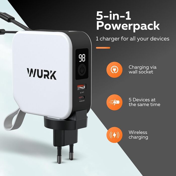 В-1 PowerPack Power Bank, Бездротовий зарядний пристрій, Travel Plug, 10 000 мАг, Швидка зарядка, 5-