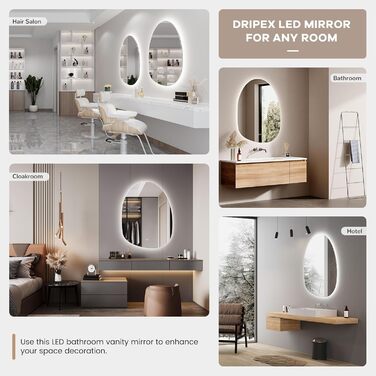 Дзеркало для ванної кімнати Dripex LED з підсвічуванням, сенсорне керування, регулювання яскравості, 3 кольори світла, без запотівання, 85x52 см