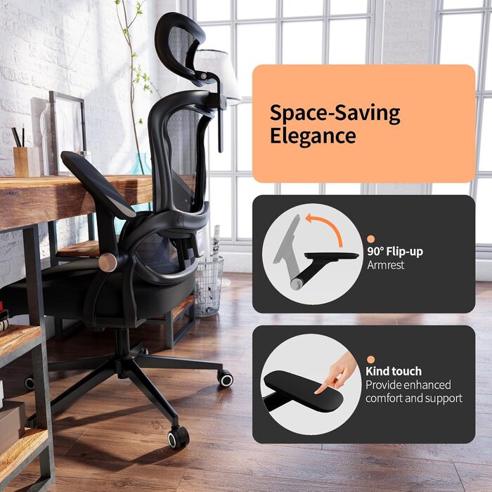 Офісний стіл-крісло Monhey з регулюванням висоти, поворотне з відкидними підлокітниками, дихаюча сітка, регульована підголовник та інтелектуальна підтримка попереку – для дому/офісу, чорний