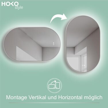 Дзеркало для ванної кімнати LED HOKO Design Turin, овальне, 45x75 см, матовий чорний каркас, сенсорне керування, LED-підсвічування, антизапарник