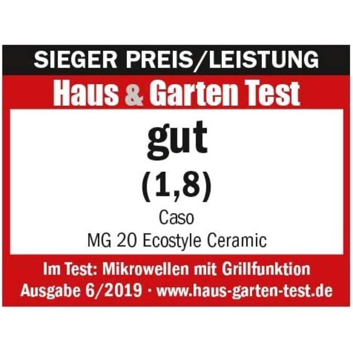 Керамічна мікрохвильова піч CASO MG 20 Ecostyle з грилем, 20 л, CASOTEK, 2 рівні