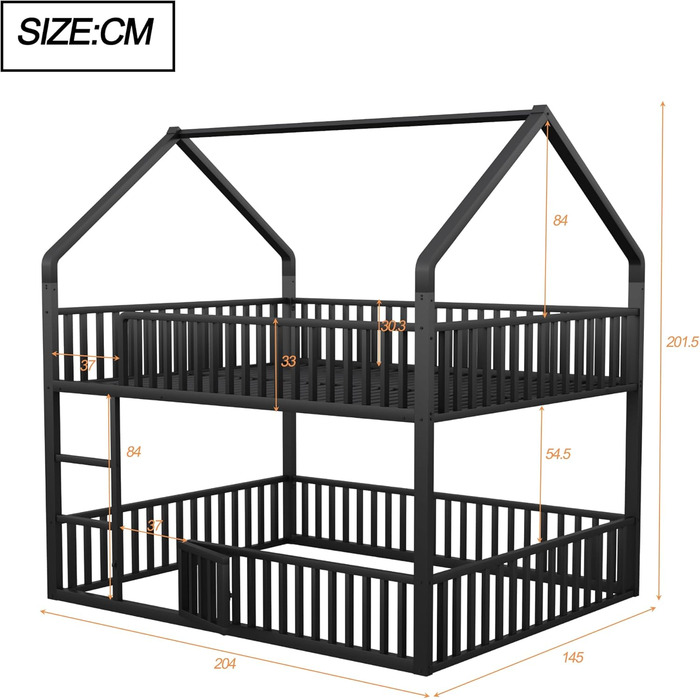 Двоярусне ліжко 140x200 см для 2 дітей, з будиночком, сходами та дверцятами, металеве, з захистом від падіння та ламелями (чорне)