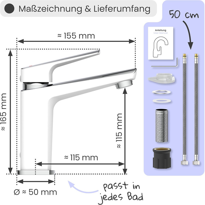 Змішувач для умивальника Instmaier Amelie | Змішувач для ванної кімнати | Однорідний змішувач з латуні (білий / хром)