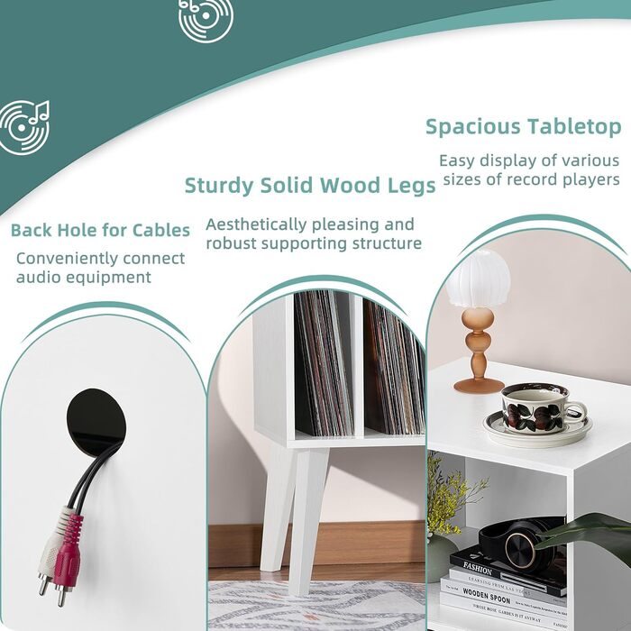 Сумка для вінілових платівок на 160 платівок, органайзер для вінілу, підставка для програвача, білий, Mid-Century дизайн