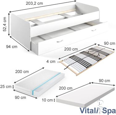 Ліжечко VitaliSpa Enzo, 203,2 x 94 см (Білий, 90x200 2 шт. матрац 2 шт. рейкова основа)